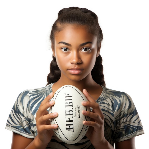 Foto ragazza adolescente samoana sicura di sé in abiti da rugby