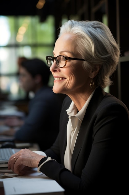 Photo confident senior businesswoman working on laptop in modern office