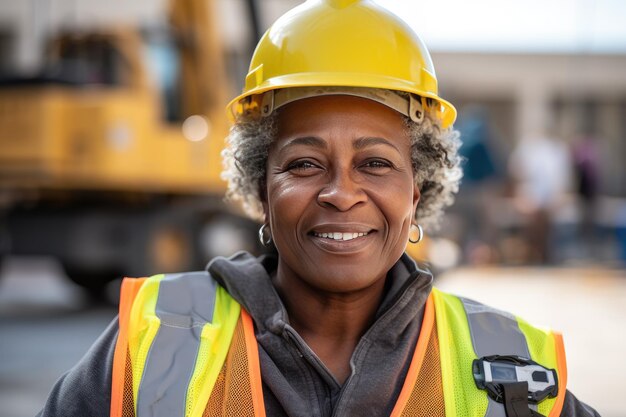 Confident Senior Female Construction Worker with Excavator Behind