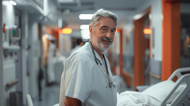 Confident senior male doctor with a stethoscope smiling in a welllit hospital corridor