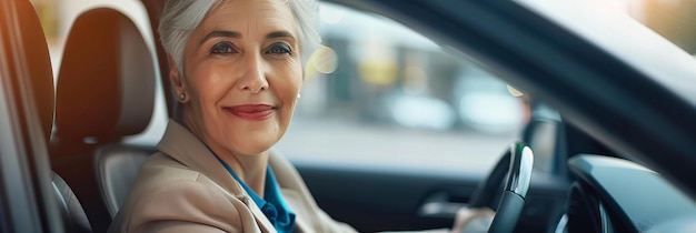 자신감 있는 노인 여성 이 낮 에 자동차 를 운전 하고 있다