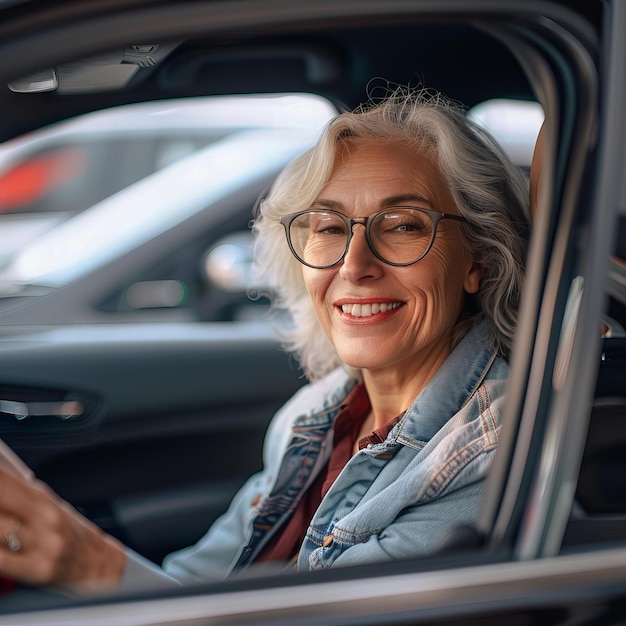 自信のある年配の女性が昼間車を運転している