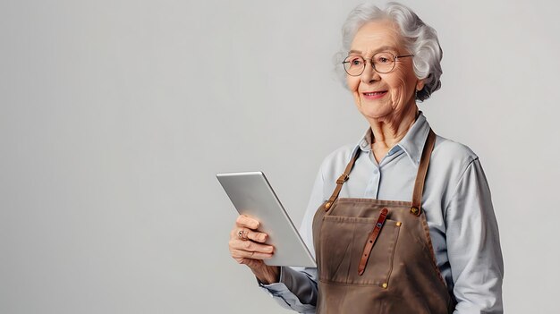 Foto donna anziana sicura che indossa un grembiule e tiene in mano un tablet digitale