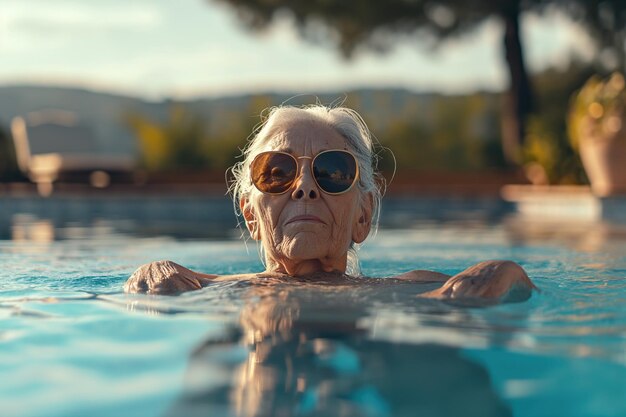 Фото Уверенная в себе пожилая женщина в солнцезащитных очках плавает в открытом бассейне