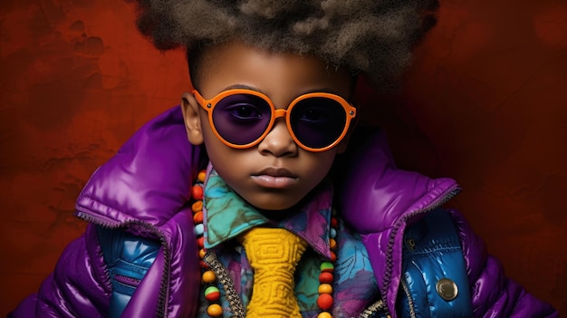 Confident and serious child in stylish outfit on dark background