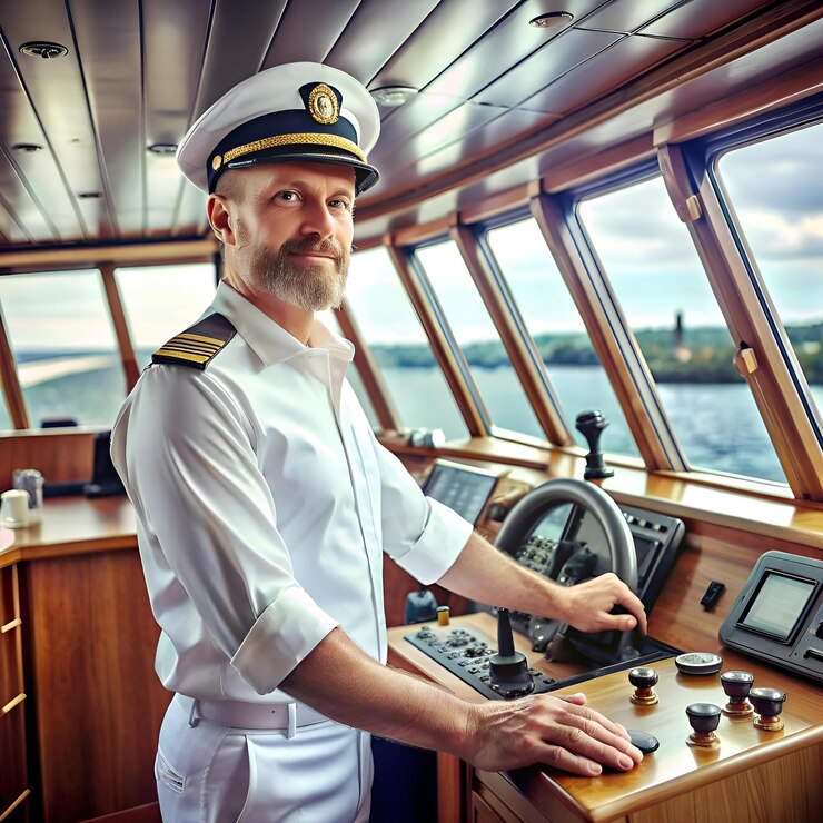 Photo confident ship captain at the helm ready to navigate any waters