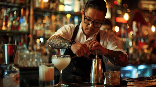 Photo confident and skilled asian bartender wearing glasses and tattoos on his arms is busy preparing a cocktail at the bar counter in the background