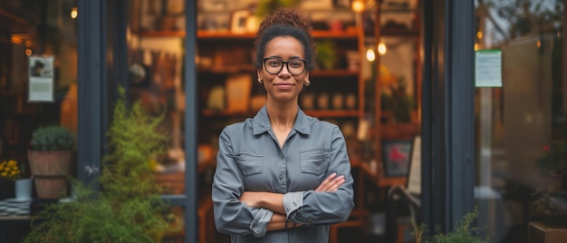 Photo confident small business owner stands at entrance ready to conquer challenges