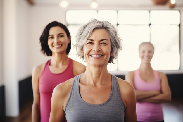 Confident smile middle aged woman in yoga studio with friends