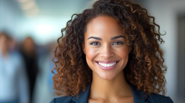 Confident smiling businesswoman with curly hair in office setting