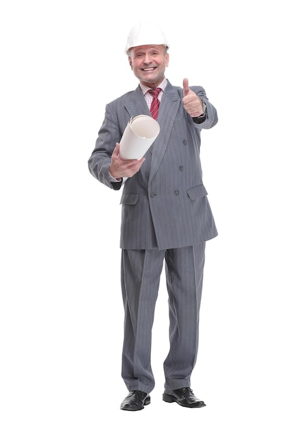 Confident smiling mature business man in hardhat holding blueprint