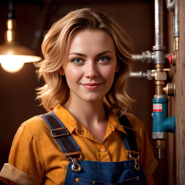 Photo confident smiling professional female plumber repairman for home plumbing