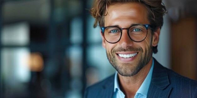 Confident and Sophisticated Businessman Wearing Glasses Radiating Charm and Professionalism Against an Office Backdrop with a Friendly Smile