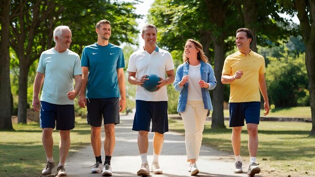 Photo confident sportspeople walking and enjoying time