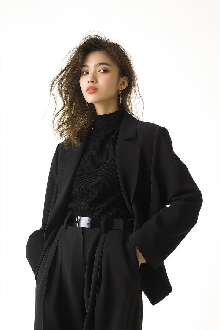Photo  바탕 에 검은 코트 를 입은 자신감 과 스타일리시 한 아시아 사업가