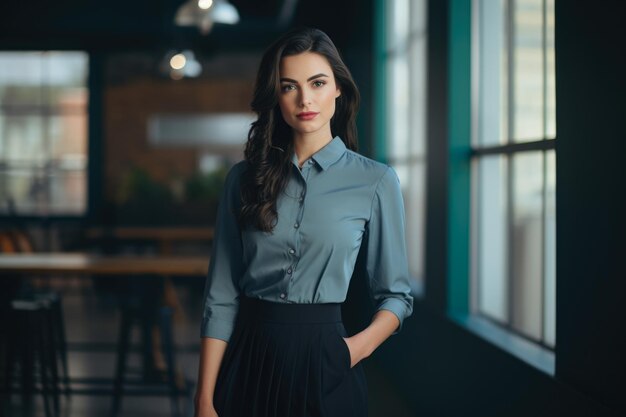 Photo confident and stylish businesswoman with brown eyes poised in a modern workspace