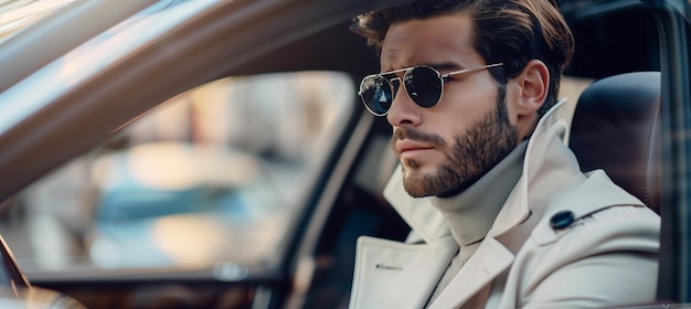 Confident stylish male model in white trench coat and sunglasses sitting in a luxury car