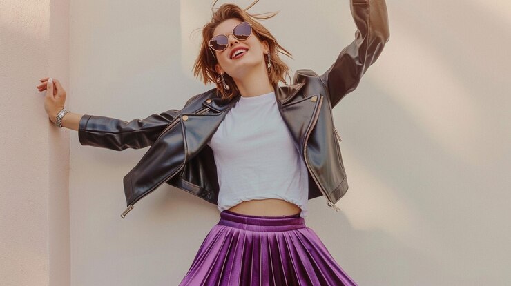 Photo confident stylish woman in leather jacket and sunglasses posing against off white wall