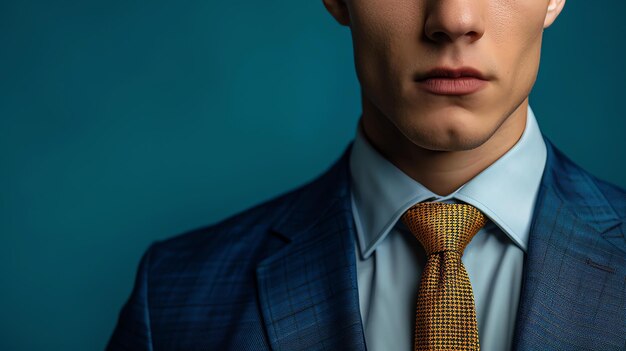 Foto un uomo d'affari sicuro e di successo con un vestito blu e una cravatta gialla.