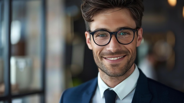 Confident and successful businessman wearing glasses and a suit standing in a modern office space