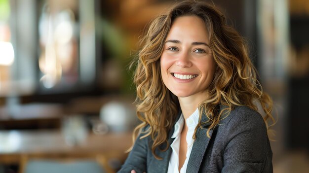 Photo confident successful businesswoman in her 30s with a warm smile and a friendly demeanor she is wearing a business suit and has long wavy hair