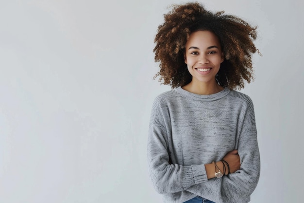 Confident successful woman in casual outfit smiling at camera