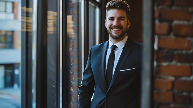 Confident and successful young businessman standing in a modern office space He is wearing a suit and tie and has a friendly smile on his face