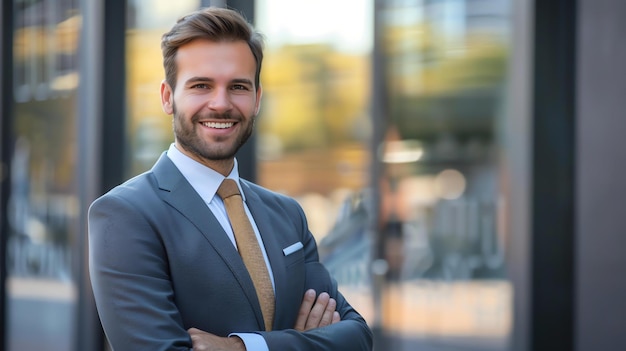 Photo confident and successful young businessman standing with arms crossed in front of an office building