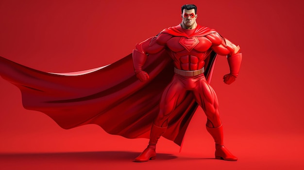 Фото Уверенный в себе супергерой в красном плаще, стоящий на красном фоне.