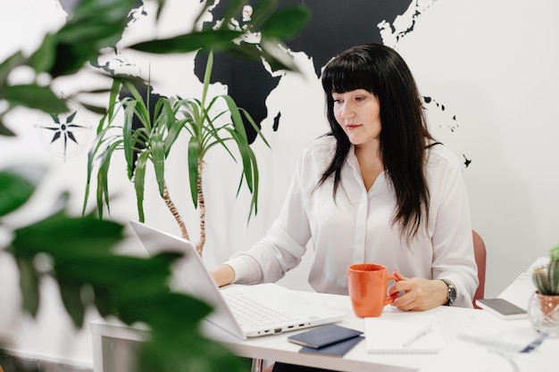 Confident travel agent using laptop in office for communication online