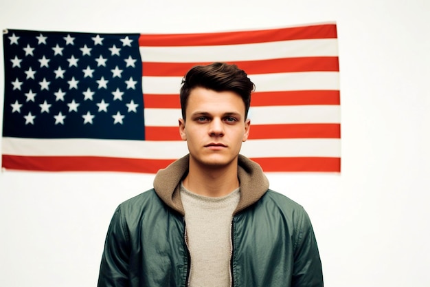 Confident white American man proudly poses in front of the American flag AI Generated