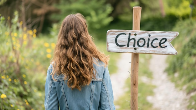 Photo confident woman at crossroad pondering life s important decisions about her future and path