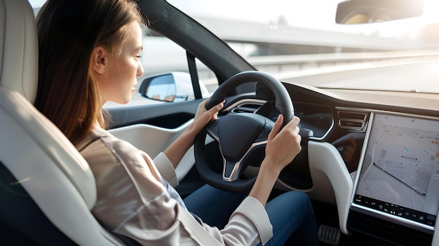 Confident woman driving modern electric car on sunny day clean energy vehicle concept urban lifestyle AI