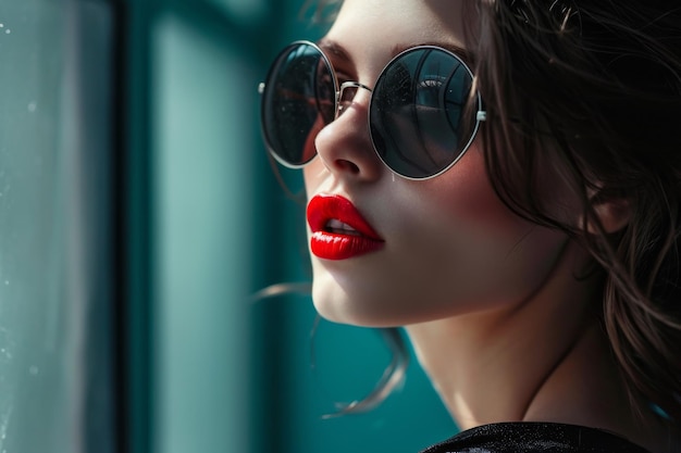 자신감 있는 여자 는 세련 된 선글라스 와 대담 한 은 입술 으로 스타일을 발산 한다