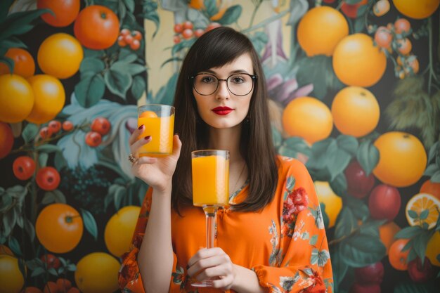 Photo confident woman holding a goldenberry smoothie glass surrounded by a colorful fruit