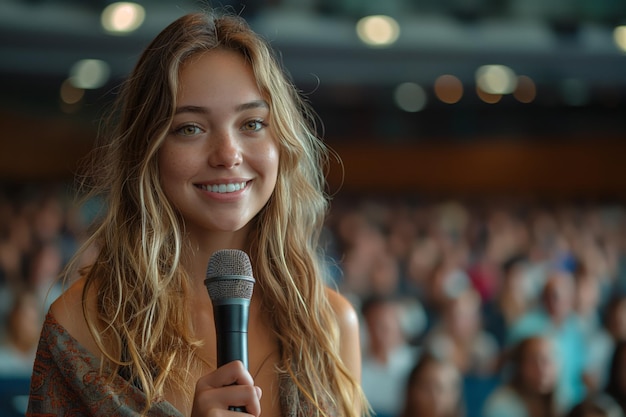 Photo confident woman holding microphone in front of crowd