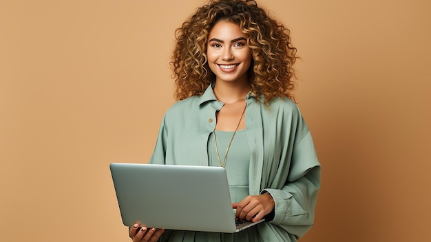 Confident woman on isolated background Young woman holding laptop