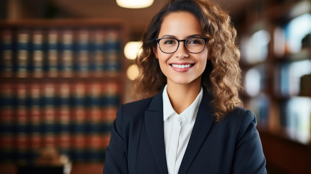Photo confident woman lawyer with optimistic smile in office generative ai