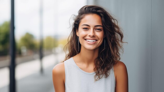 A confident woman posing against a Isolated backdrop her bright smile lighting up the portrait photo