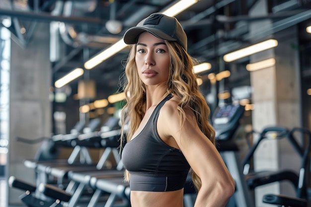 Confident woman in sportswear posing at gym