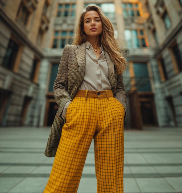 Confident woman in a tweed jacket and yellow checkered pants standing in front of a modern building