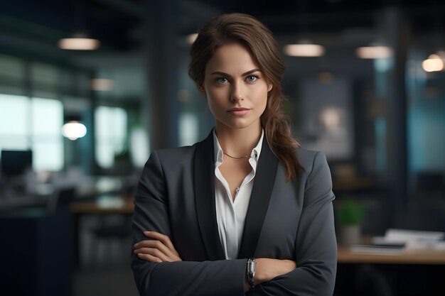 A confident woman with crossed arms in a professional office setting