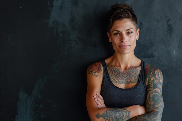 Confident woman with muscular body tattooed on black background