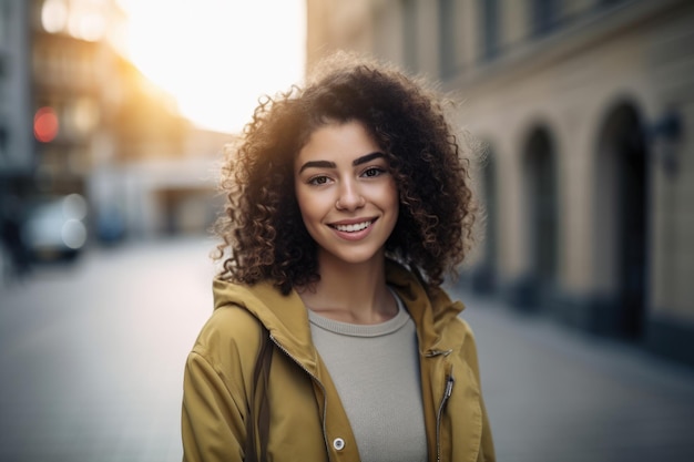 Confident woman with natural curly hair and a bright smile standing on a city street