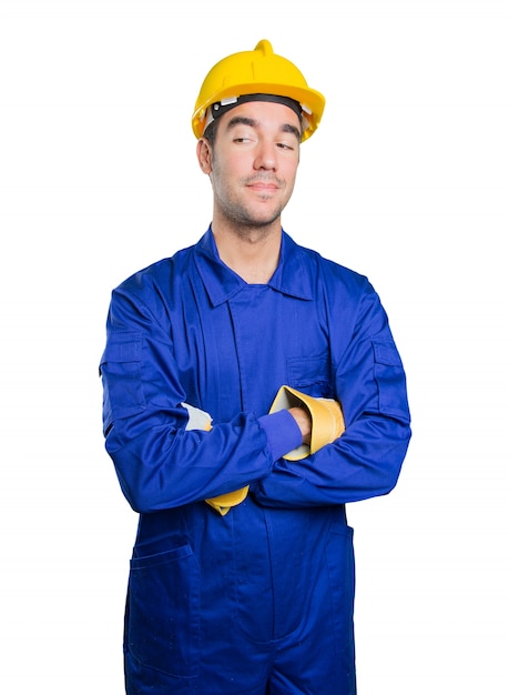 Confident workman on white background