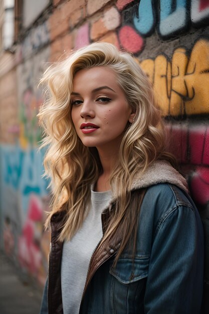 Confident Young Adult with Stylish Fashion Stands in Front of Graffiti Wall in Urban City