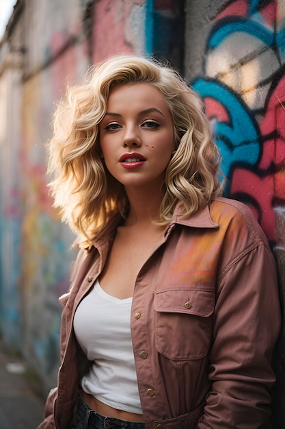 Confident Young Adult with Stylish Fashion Stands in Front of Graffiti Wall in Urban City