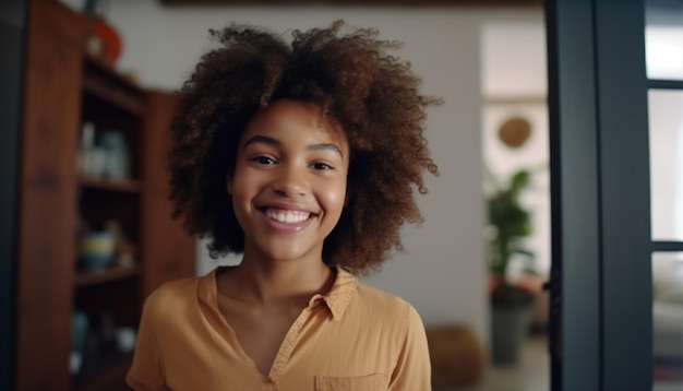 自信のある若いアフリカ系アメリカ人のビジネスウーマンが人工知能によって生成された屋内カメラを見ながら微笑んでいます