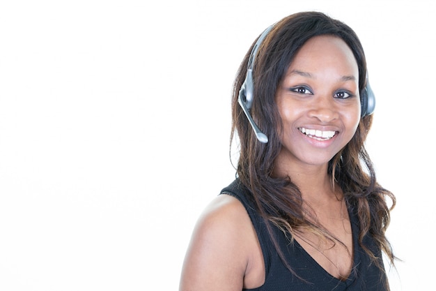 Confident young african woman Customer Service Agent Wearing Headset At Desk 