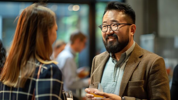 Photo confident young asian businessman in eyeglasses networking at a business conference chatting with a female colleague